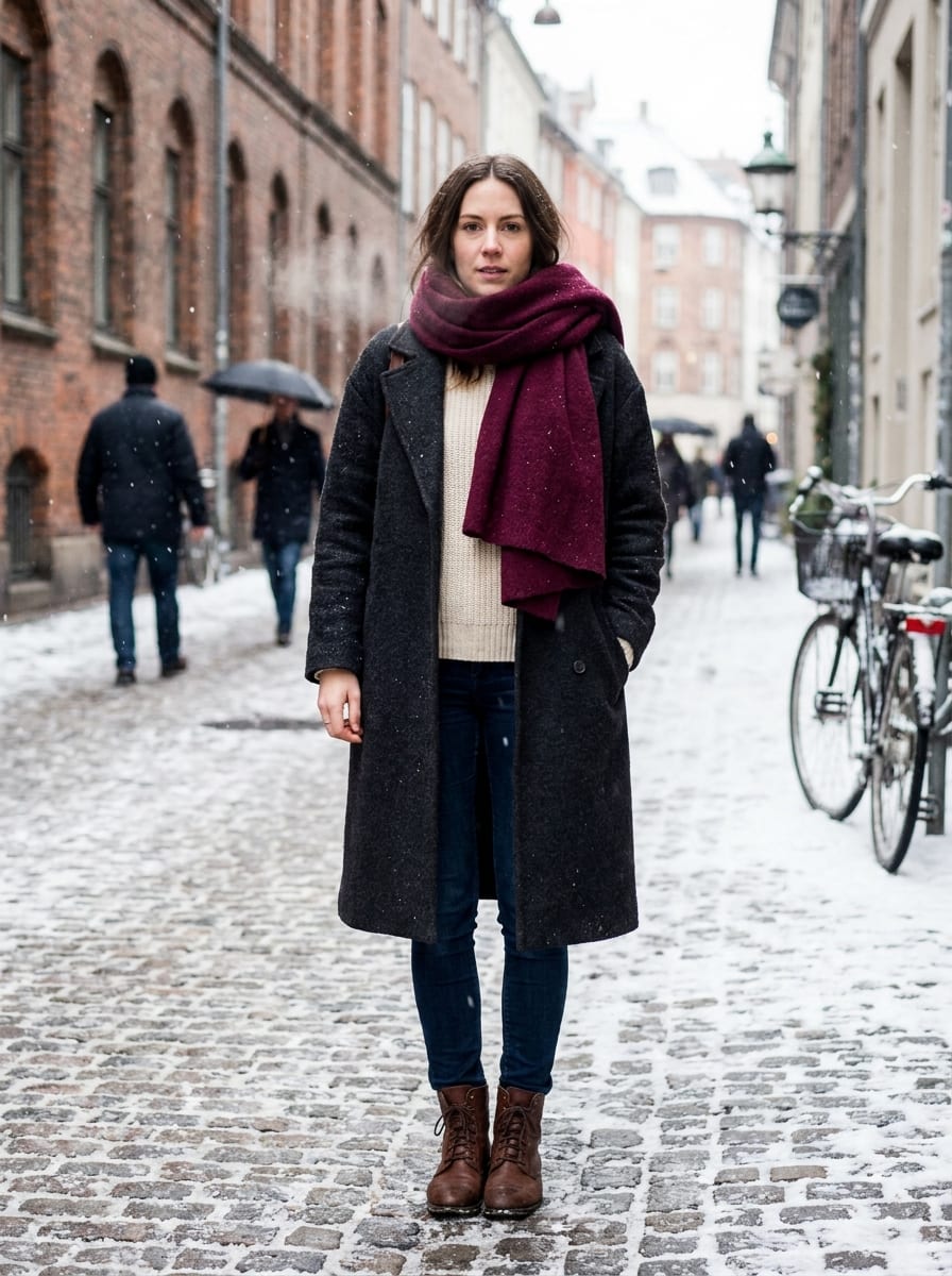Lässiger Winterlook mit Schal als Farbakzent - Winter Outfit Damen 2026